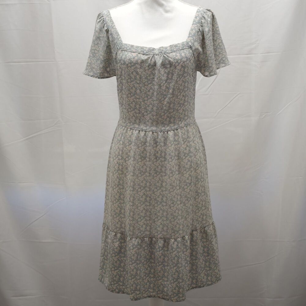 Monteau Dress Womens M Light Blue Floral Cottagecore Square Neck Flutter Sleeve